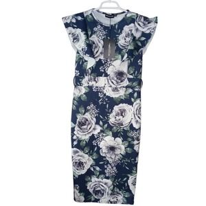 PLT Navy Floral Print Frill Detail Sleeveless Midi Dress Women's Size 12